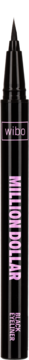 Czarny eyeliner w pisaku Wibo Doll, z różowym napisem i ryflowaną nakrętką, widok z przodu.