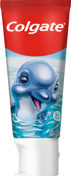 Colgate Kids, pasta do zębów dla dzieci 3+, niebieska tubka z delfinem, 50ml, widok z przodu.