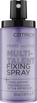 Fioletowy spray Catrice Prime and Fine Multi-Talent Fixing Spray 50ml, z czarną pompką, widok z przodu.