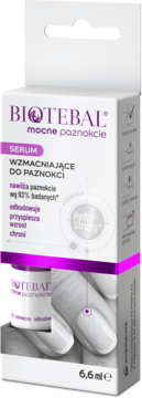 Biotebal serum wzmacniające paznokcie, biało-fioletowe pudełko z napisem "mocne paznokcie", widok z przodu.