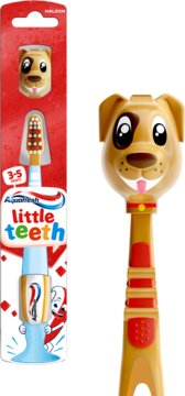 Aquafresh Little Teeth szczoteczka 3-5 lat, brązowy pieskowy uchwyt, w czerwonym opakowaniu, obok zbliżenie.