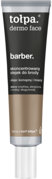 Tubka tołpa dermo face barber, skoncentrowany olejek do brody z olejem konopnym, szaro-brązowa, widok z przodu.