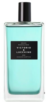 Victorio & Lucchino Nº4 Evasion Exotica woda toaletowa, szklana butelka z turkusowym płynem, czarna etykieta.