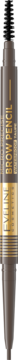 Eveline Micro Precision Brow Pencil Taupe, wodoodporna, w metalicznej obudowie ze złotą etykietą, widok pionowy.