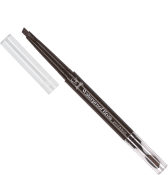 Kredka do brwi Lovely Brow Pencil & Brush 2w1 w brązie, z widocznym rysikiem i szczoteczką, na czarnym tle.