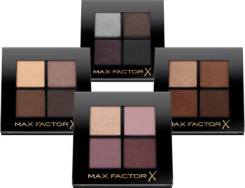 Cztery paletki cieni Max Factor Colour Expert Mini Palette, z różnymi zestawami 4 głębokich odcieni.