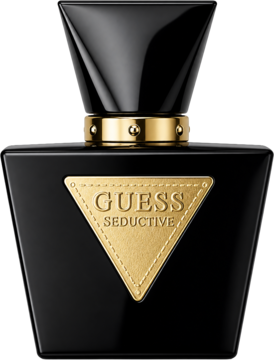 Czarna butelka Guess Seductive Noir, woda toaletowa, ze złotą trójkątną etykietą i geometrycznym korkiem.