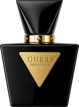 Czarna, kanciasta butelka perfum Guess Seductive Noir dla kobiet, ze złotą trójkątną etykietą i spiczastą zakrętką.