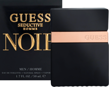Guess Seductive Homme Noir, męska woda toaletowa 50ml w czarnej butelce z miedzianym paskiem, na tle pudełka.
