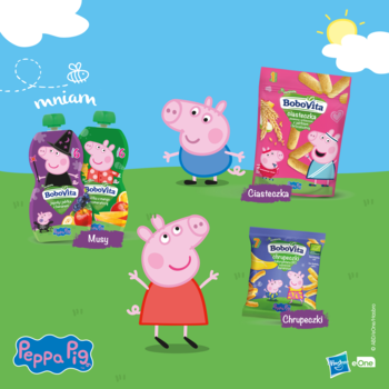 Kompozycja BoboVita: musy owocowe, chrupki i przekąski. Peppa Pig i George na zielonej łące.