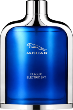 Butelka perfum Jaguar Classic Electric Sky, intensywnie niebieska, ze srebrnym korkiem i ramą, widok z przodu.