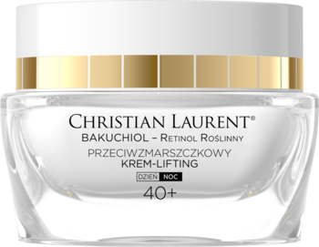 Christian Laurent Krem-Lifting 40+ z bakuchiolem w przezroczystym szklanym słoiczku z biało-złotą zakrętką, widok z przodu.