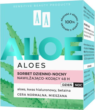 Niebieskie pudełko AA Aloe Sorbet Dzień-Noc, nawilżająco-kojący, z grafiką aloesu, widok pod kątem.