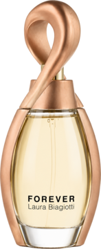 Laura Biagiotti Forever perfumy w szklanej butelce, z unikalnym, złotym, pętlowym elementem, widok z przodu.