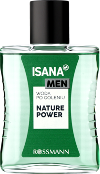 Isana Men Nature Power woda po goleniu w przezroczystej butelce z zielonym płynem i etykietą, widok z przodu.