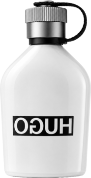 Hugo Boss Reversed, biała matowa butelka męskich perfum z metalową zakrętką i czarnym odwróconym logo, z przodu.