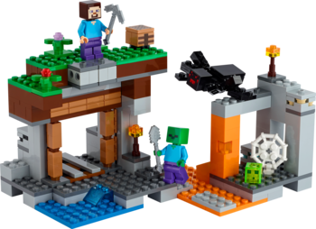 Zestaw Lego Minecraft Opuszczona Kopalnia, złożony model z figurką Steve'a, zombie, pająka i jaskinią z lawą.