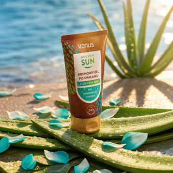 Kremowy żel po opalaniu Venus Golden Sun z 25% aloesem, na piasku z liśćmi aloesu i oceanem.