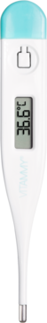 Biały elektroniczny termometr VITAMMY beep z niebieską nasadką i wyświetlaczem pokazującym 36.6°C, widok z przodu.