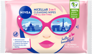 Różowe chusteczki micelarne NIVEA 3-w-1 do demakijażu, 25 szt., z twarzą w okularach, widok z przodu.