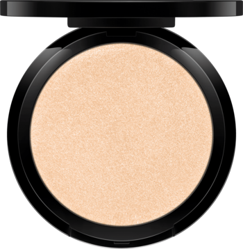 Rimmel High’light 001 Stardust: beżowy ultralekki rozświetlacz w otwartym czarnym kompakcie, widok z góry.