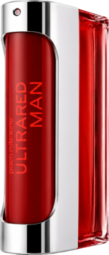 Paco Rabanne Ultrared Man woda toaletowa w smukłej, lśniącej czerwonej butelce z srebrnym wykończeniem, ujęcie z boku.