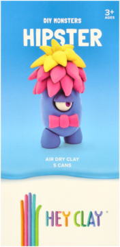 Opakowanie Hey Clay DIY Monsters Hipster z fioletowym stworkiem z modeliny, różową grzywą i muszką.