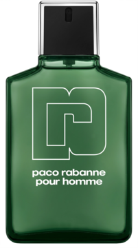 Paco Rabanne Pour Homme woda toaletowa, zielona butelka z dużym białym logo "P" i czarną nakrętką, przód.