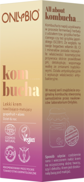 Krem Onlybio Kombucha, nawilżająco-matujący, w dwukolorowym pudełku, z grejpfrutem i aloesem, widok z przodu.