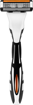 Męska maszynka BIC Hybrid 5 Flex z 5 ostrzami, biało-czarna rączka z pomarańczowym paskiem, widok z przodu.