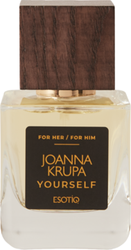 Unisex woda perfumowana Joanna Krupa Yourself w szklanej butelce z brązową etykietą i drewnianym korkiem, widok z przodu.
