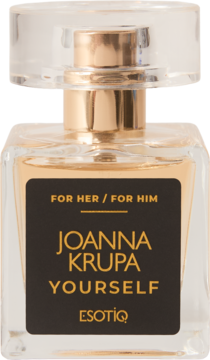 Joanna Krupa Yourself woda perfumowana unisex, złoty płyn w szklanej butelce z czarną etykietą, widok przodem.