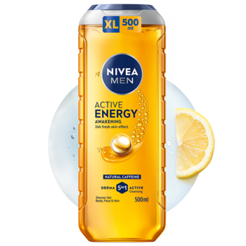NIVEA MEN Active Energy żel 3w1 500ml, przezroczysta butelka z żółtym płynem i cytryną. Widok z przodu.