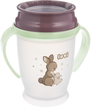 Kubek Lovi 360° treningowy dla dzieci, biały z zielonymi uchwytami, brązową pokrywką i grafiką króliczków.