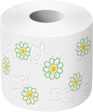 Biały 3-warstwowy papier toaletowy Velvet ecoROLL z tłoczonymi stokrotkami i misiami, widok pojedynczej rolki.