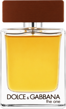 Dolce & Gabbana The One for Men EDT, prostokątny flakon z bursztynowym płynem i brązową nakrętką, widok z przodu.