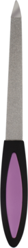 Pilnik do paznokci średnioziarnisty 180/180, srebrny, z czarno-fioletowym uchwytem, widok z przodu.