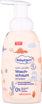 Babydream Extra Sensitiv Waschschaum z pantenolem, różowa butelka z pompką, z wzorem dinozaurów, widok z przodu.