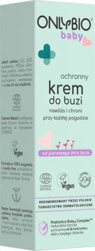 Jasnozielone pudełko OnlyBio Baby Ochronny Krem do Buzi, widok z przodu z logo i różowymi sercami.