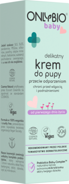 OnlyBio Baby delikatny krem do pupy na odparzenia, miętowe opakowanie z różowym logo, widok z przodu.