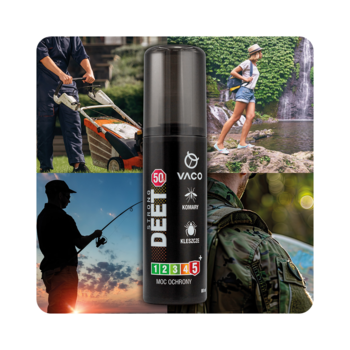 Vaco Strong Deet 50% spray na komary, kleszcze, meszki, czarna butelka na tle letnich aktywności outdoorowych.