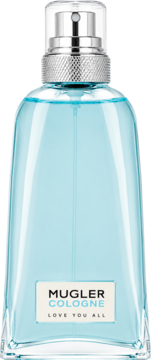 Mugler Cologne Love You All, perfumy w szklanej butelce z jasnoniebieskim płynem i srebrnym atomizerem, widok z przodu.