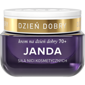 Krem na dzień JANDA 70+ Siła Nici Kosmetycznych, fioletowy słoiczek ze złotą pokrywką, widok z przodu.