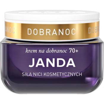 Krem Janda na dobranoc 70+, fioletowy słoiczek ze złotym paskiem i białym wieczkiem, widok z przodu.