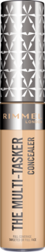 Rimmel Multi-Tasker Concealer, beżowa tubka ze srebrną nakrętką w geometryczny deseń, widok z przodu.
