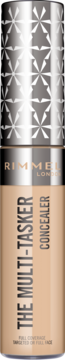 Rimmel Multi-Tasker Concealer, beżowa tubka ze srebrną, geometrycznie wzorzystą nakrętką. Widok z przodu.
