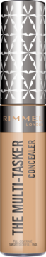 Rimmel The Multi-Tasker Concealer, beżowa tubka z metaliczną nakrętką w geometryczny wzór, pionowy widok.