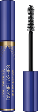 Granatowy tusz Max Factor Divine Lashes Waterproof, otwarty z czarną szczoteczką z boku, widoczne złote detale.