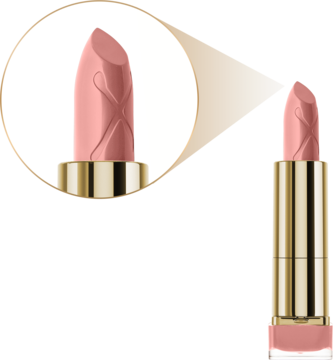 Max Factor Colour Elixir Simply Nude, różowa nawilżająca pomadka w złotym sztyfcie, zbliżenie i całość.
