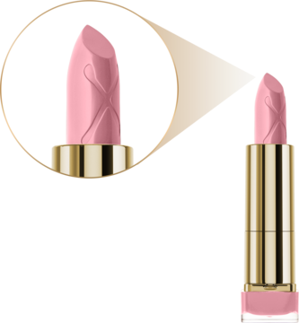 Max Factor Colour Elixir Angel Pink, różowa pomadka w złotej tubce, zbliżenie na ściętą końcówkę ze znakiem X.